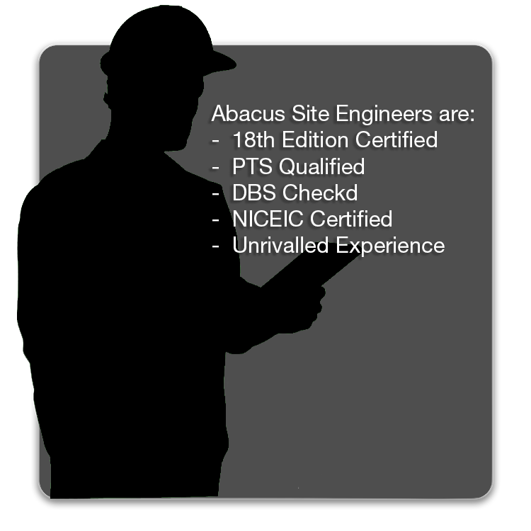 The image writes "Abacus Site Engineers are: 17th Edition Certifies, PTS Qualified, DBS Checked, NICEIC Certified and have Unrivalled Experience